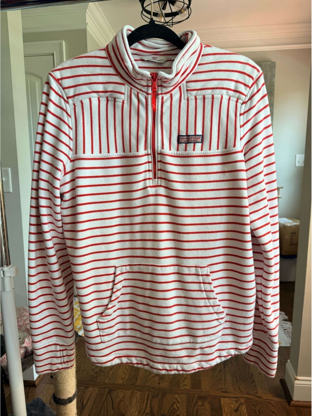 Vineyard Vines Women's Red & White Stripe Terry Towel Shep Shirt Pullover Large